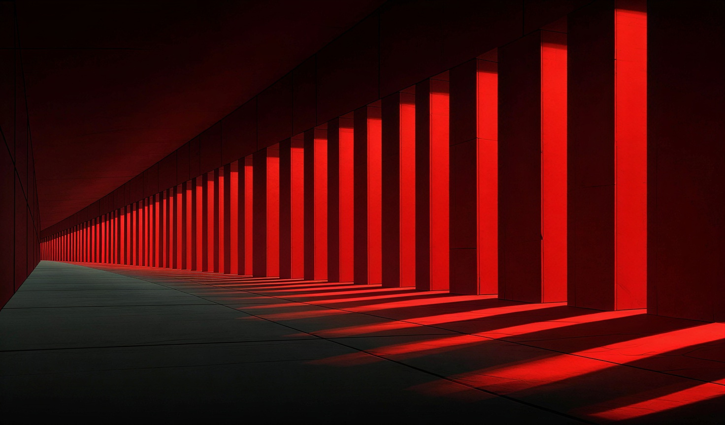 Noar Hall corridor — red light spilling through gothic archways inside Sala Palatului, Bucharest
